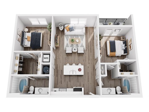 Floor plan for 2 beds, 2 baths, 987 sqft